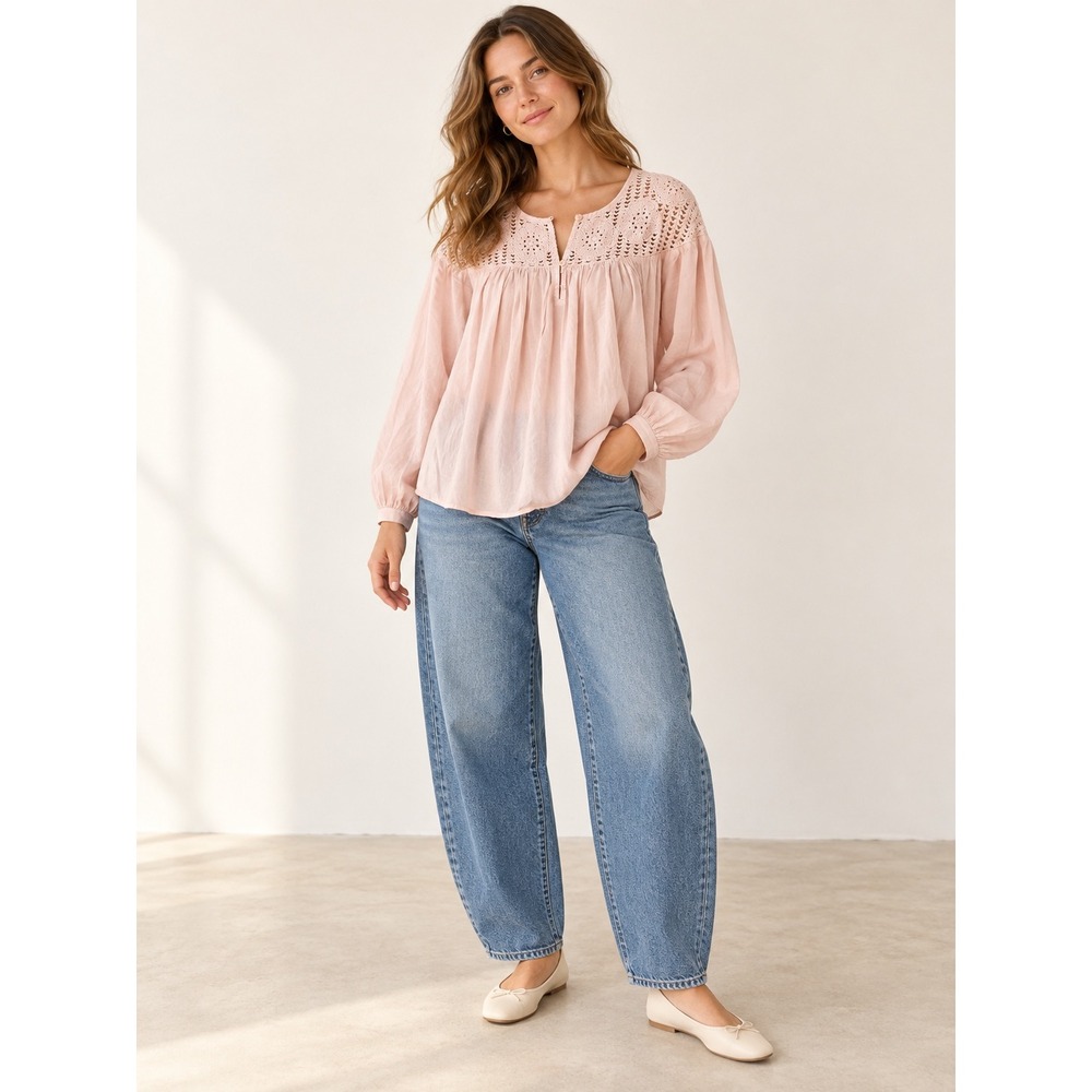 LOFT Pink Crochet Lace Yoke Cotton Blouse Long Sleeve Split Neck Top M